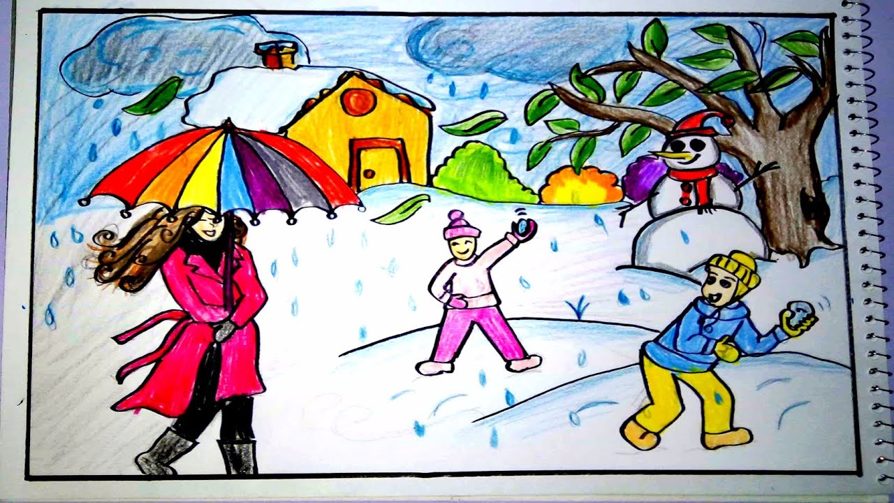 رسم فصل الشتاء , مواضيع رسم تعبيريه لمظاهر فصل الشتاء ابداع افكار